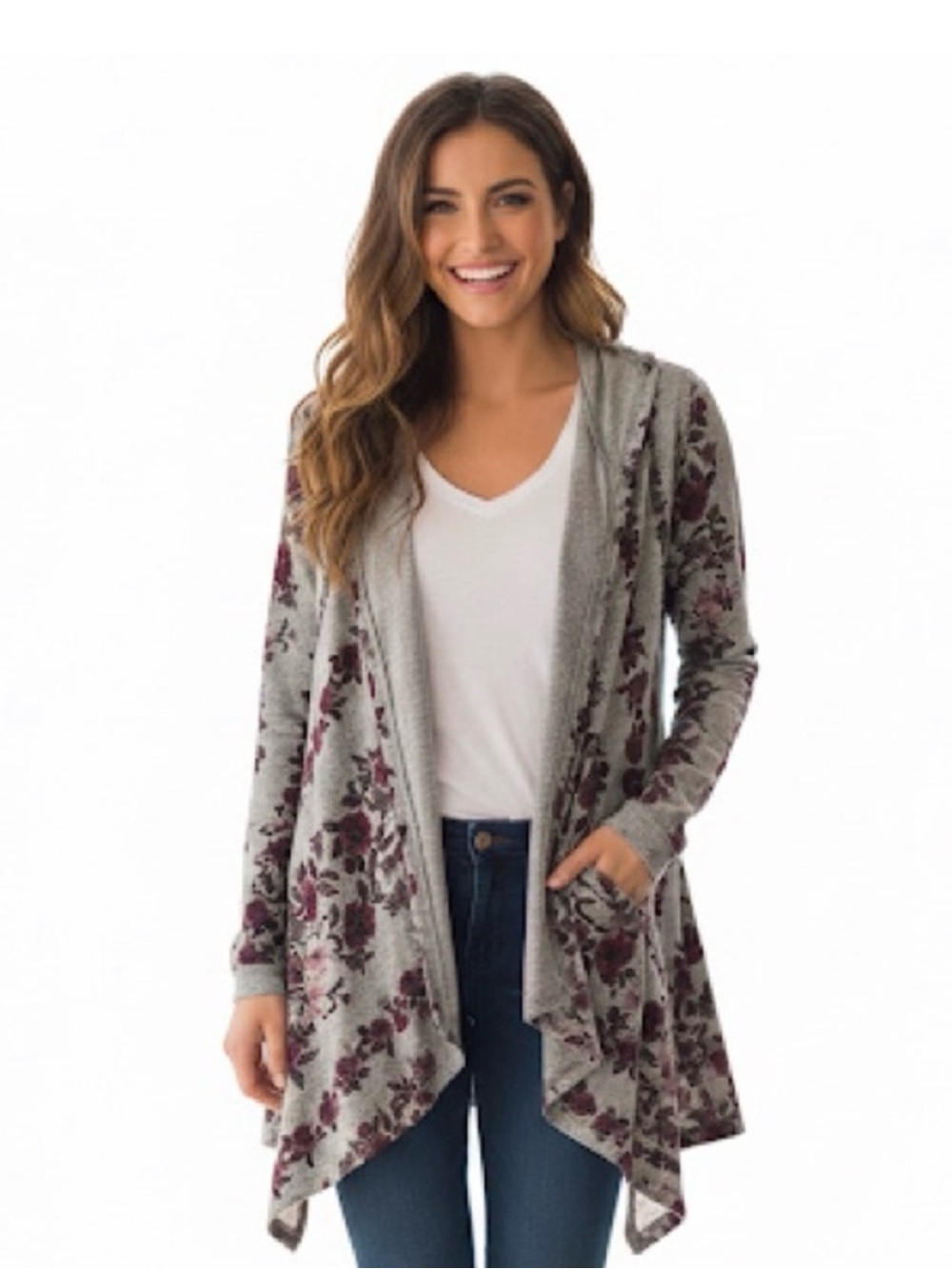 DB Sunday Open Front Floral Wrap Sweater with Hoodie Large NWT